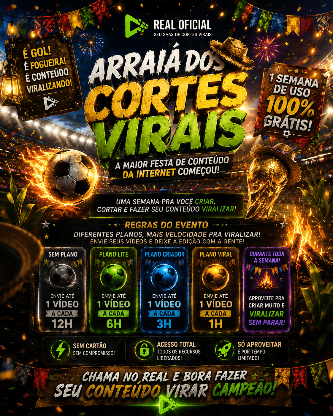 Banner of the Arraiá Real event by Viral Day, with Brazilian June-festival flags and free video processing