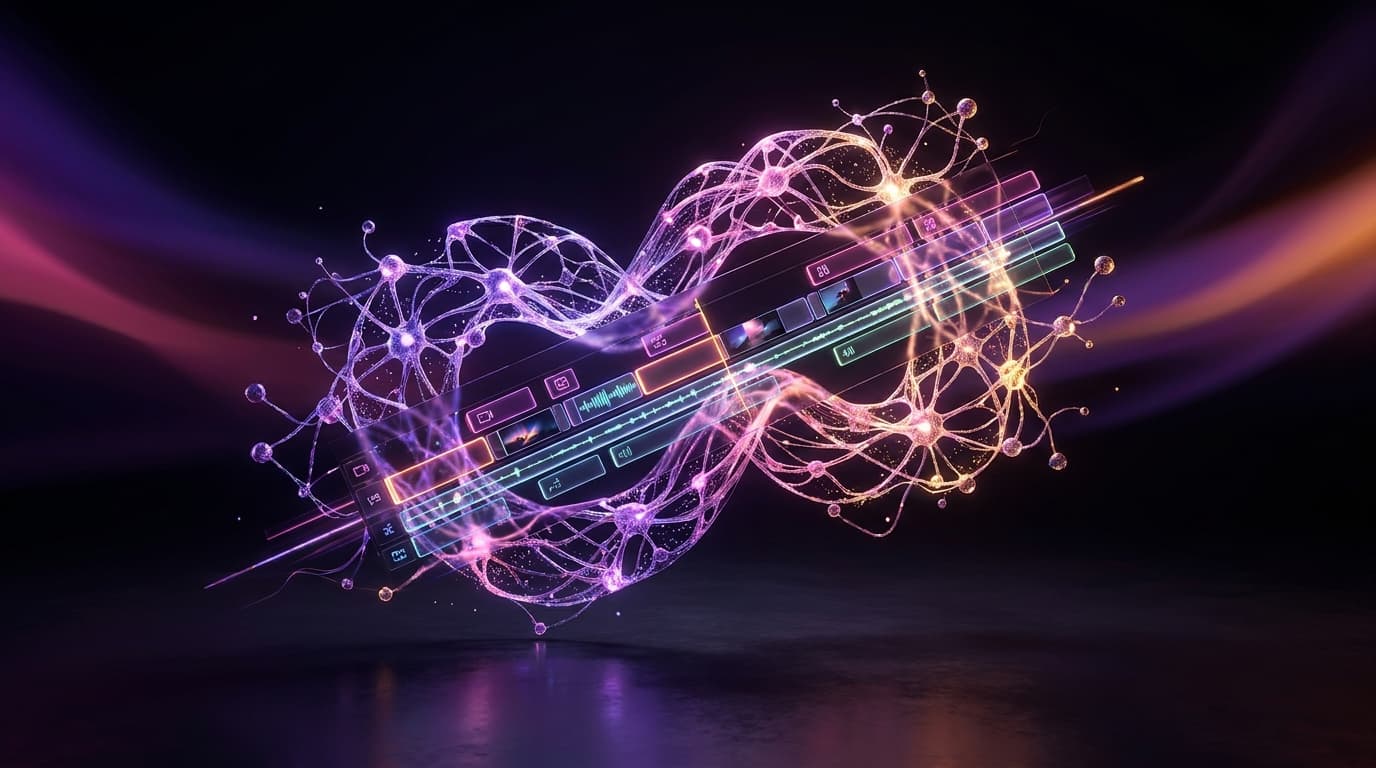 Futuristic video editing timeline with glowing holographic analytics graphs and neon accents
