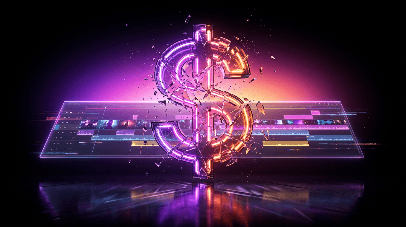 A glowing credit card dissolving into digital video frames on a dark neon background