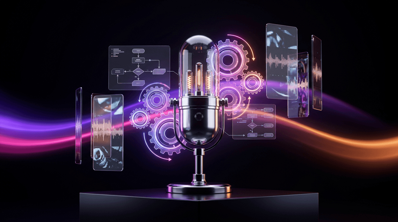 Futuristic podcast microphone connected to glowing automated assembly lines on a dark background.