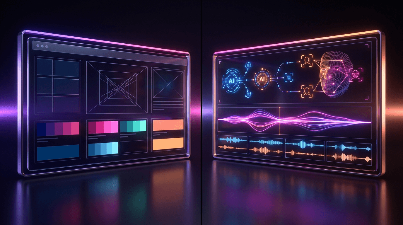 Split screen showing a digital timeline and a glowing futuristic AI microchip