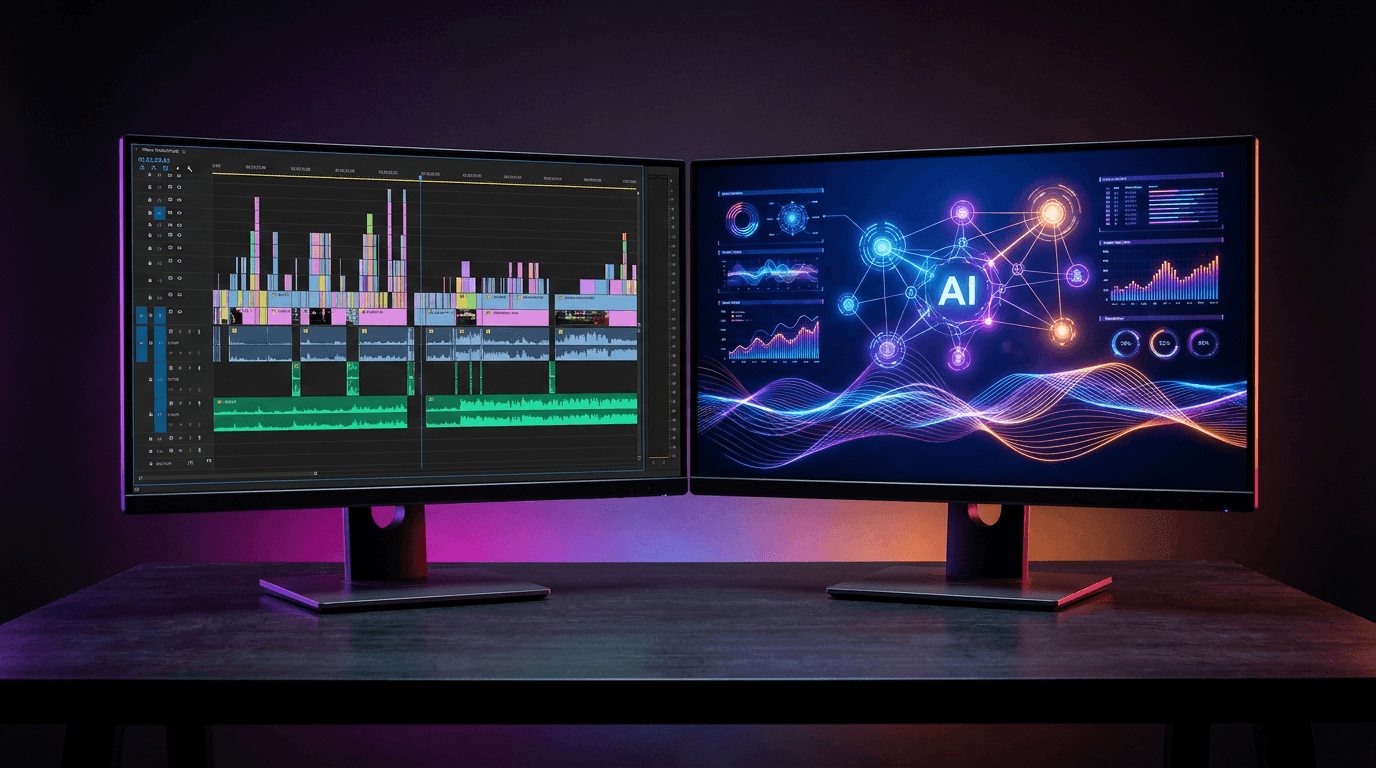 A 3D illustration comparing a traditional video timeline with a futuristic AI processor