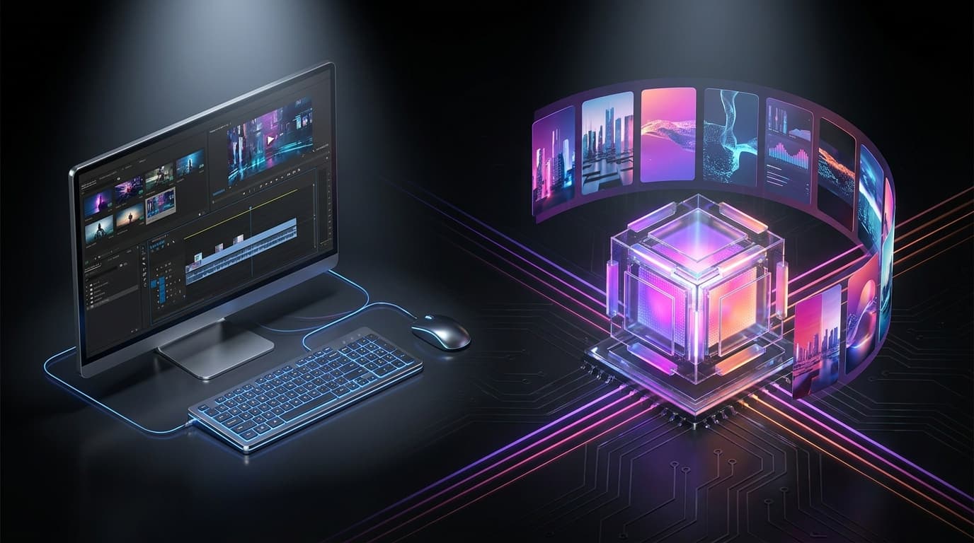 A split screen showing a video editing timeline next to artificial intelligence analytics.