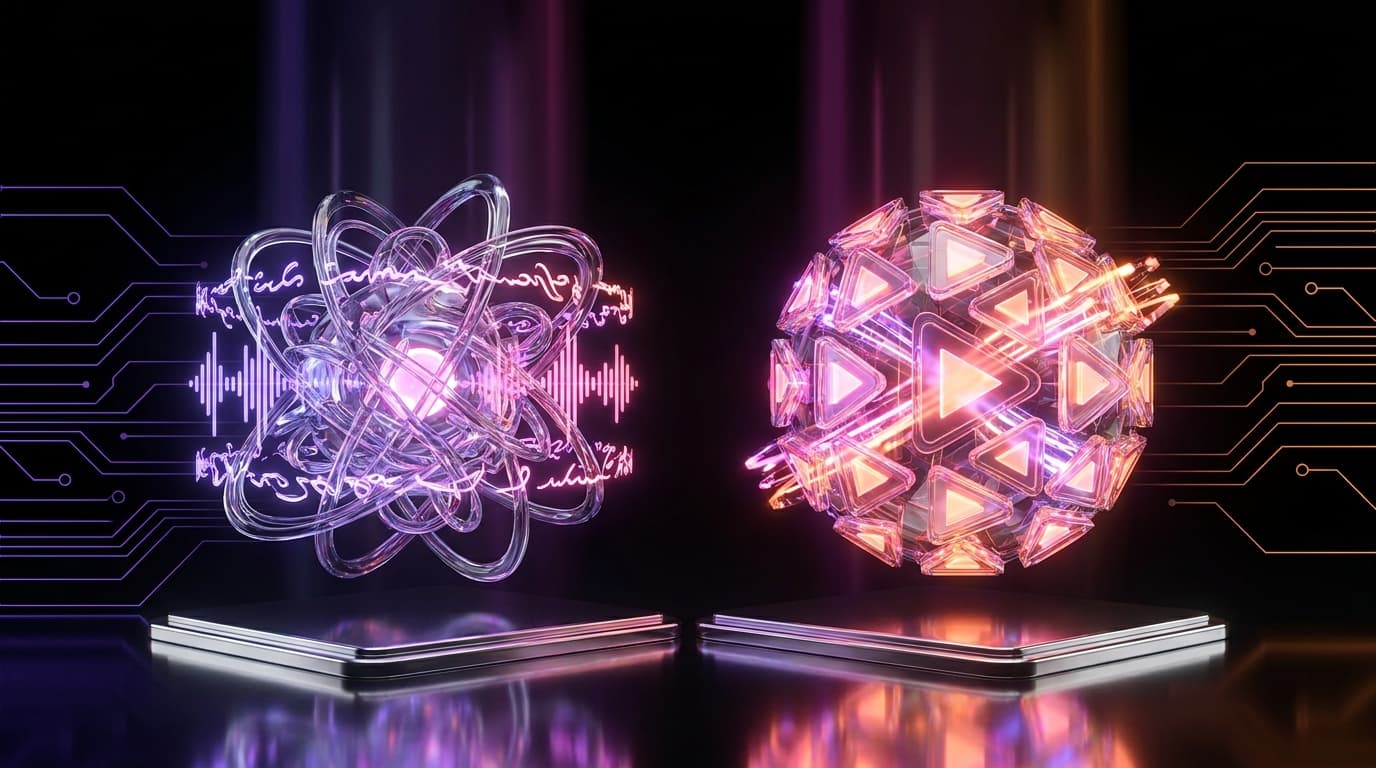 Glowing microphone and digital video reel on a dark desk with neon lighting