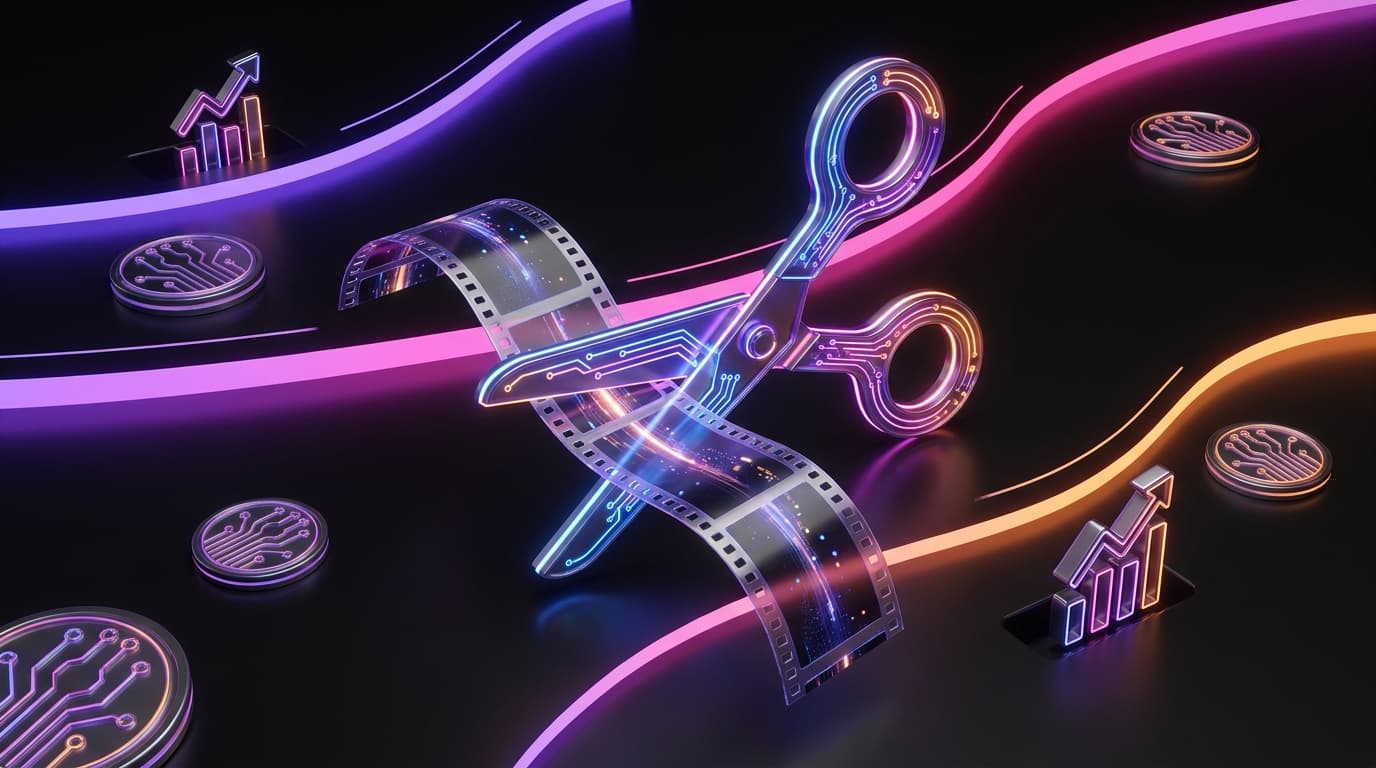 3D futuristic video editing interface with neon purple and pink gradient accents