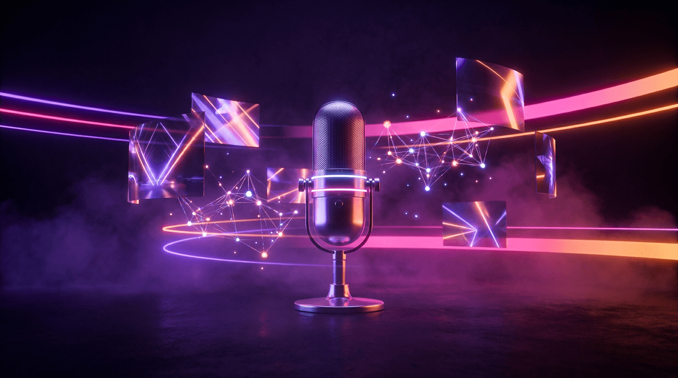 3D rendering of a podcast microphone transforming into a viral smartphone video feed