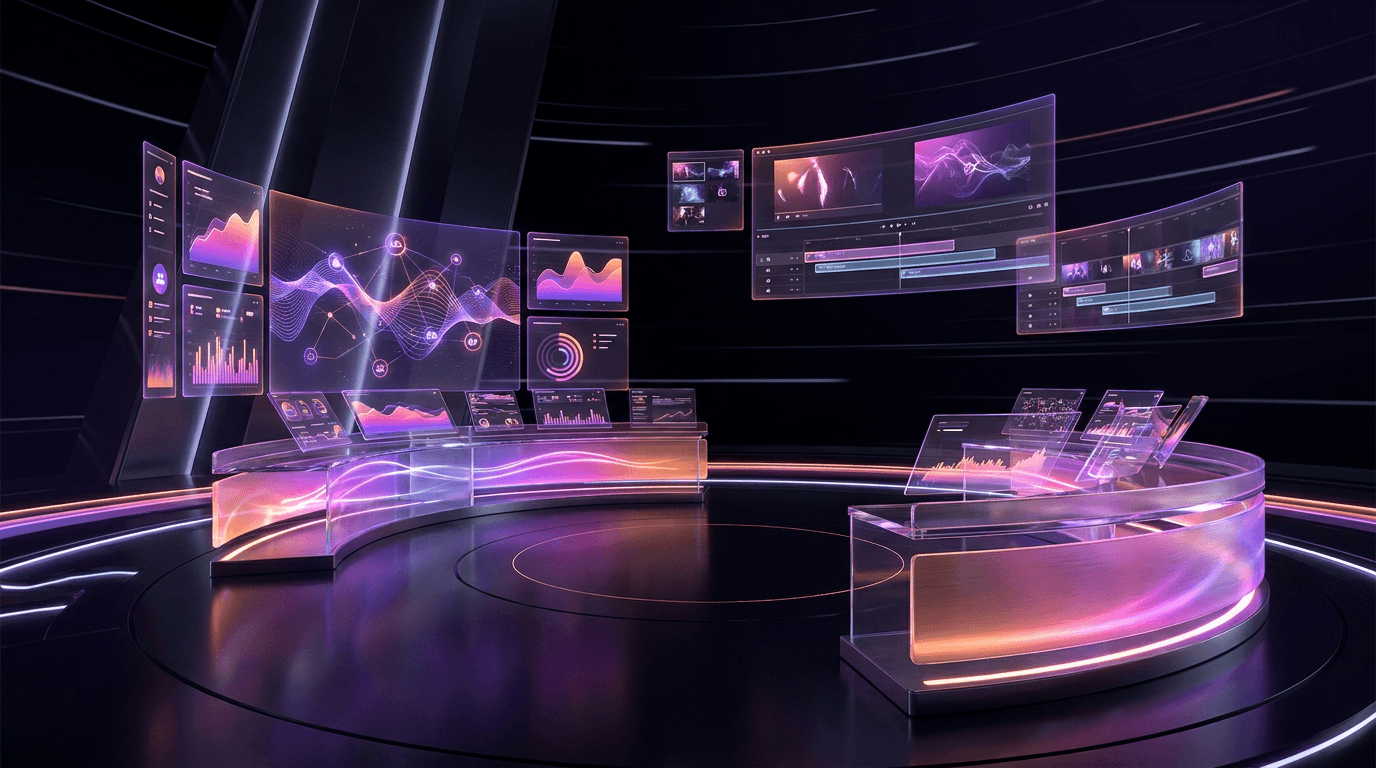 Futuristic social media agency dashboard with neon purple and orange analytics graphs