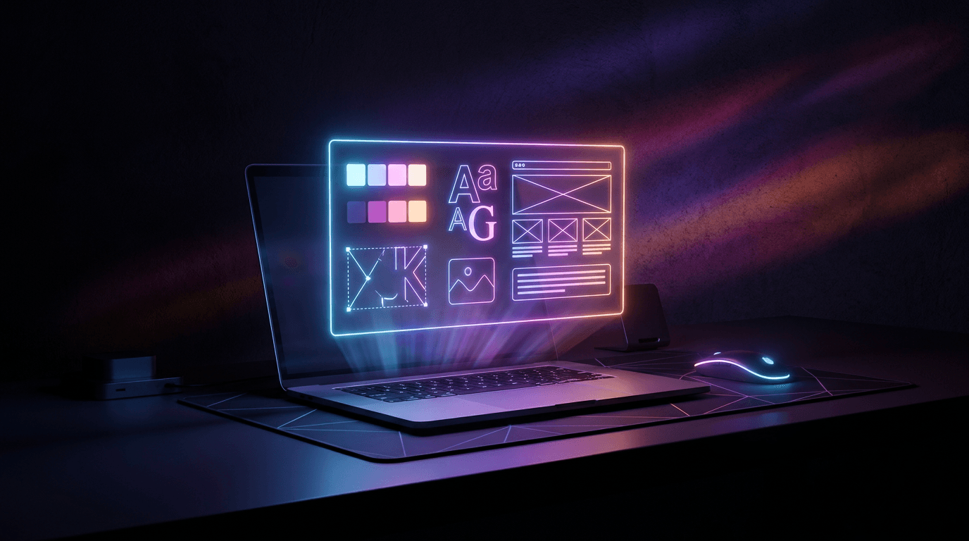 Floating typography and color swatches over a dark background with neon accents