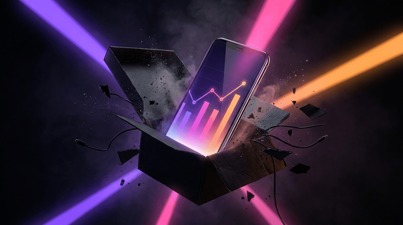 Smartphone screen showing rising TikTok analytics surrounded by floating neon play buttons.