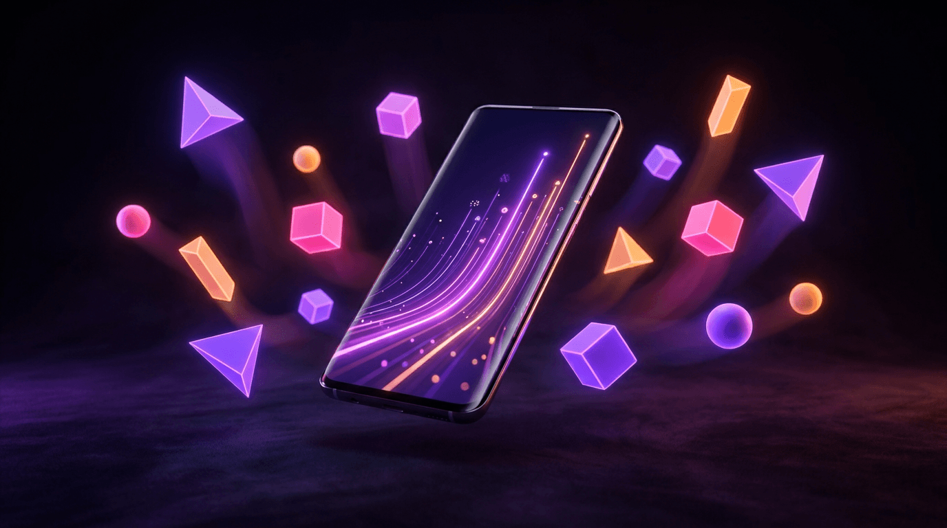 Glowing smartphone with rising analytics graph breaking out of digital chains on dark background