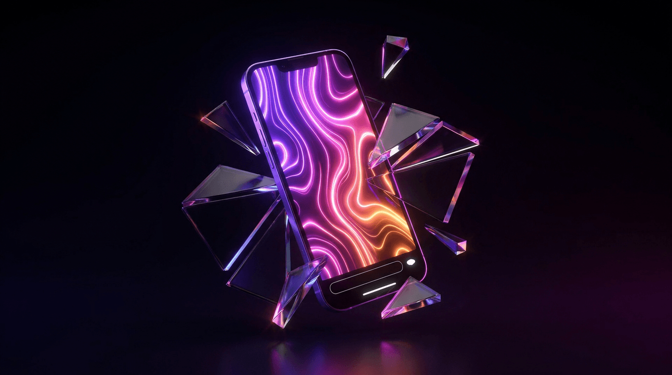 Glowing video play button breaking chains on a dark neon gradient background