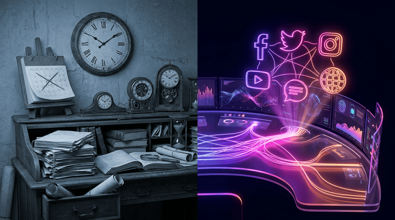 A glowing digital stopwatch merging with a video editing timeline on a dark background.
