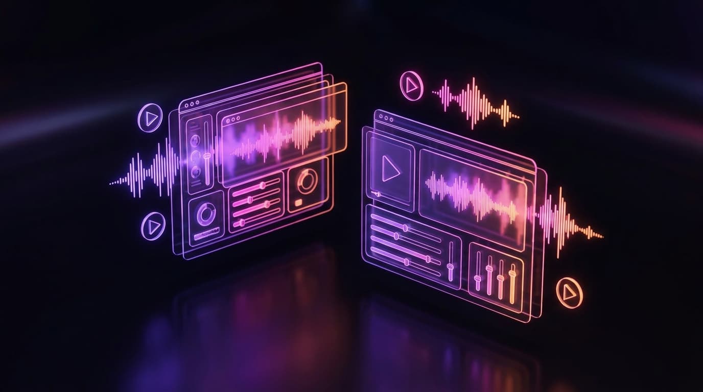 3D editorial illustration comparing two futuristic AI video editing workstations with glowing neon accents.