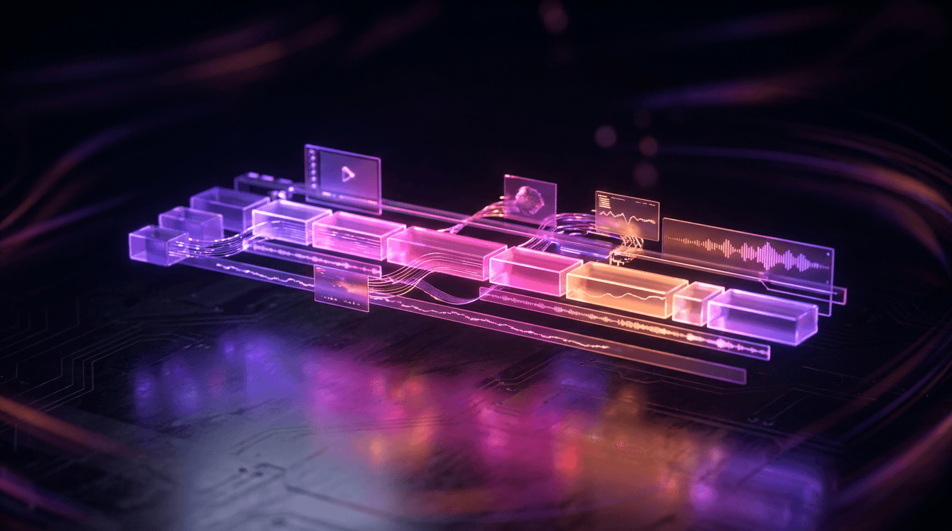 3D futuristic video editing timeline with glowing neon purple and orange AI elements
