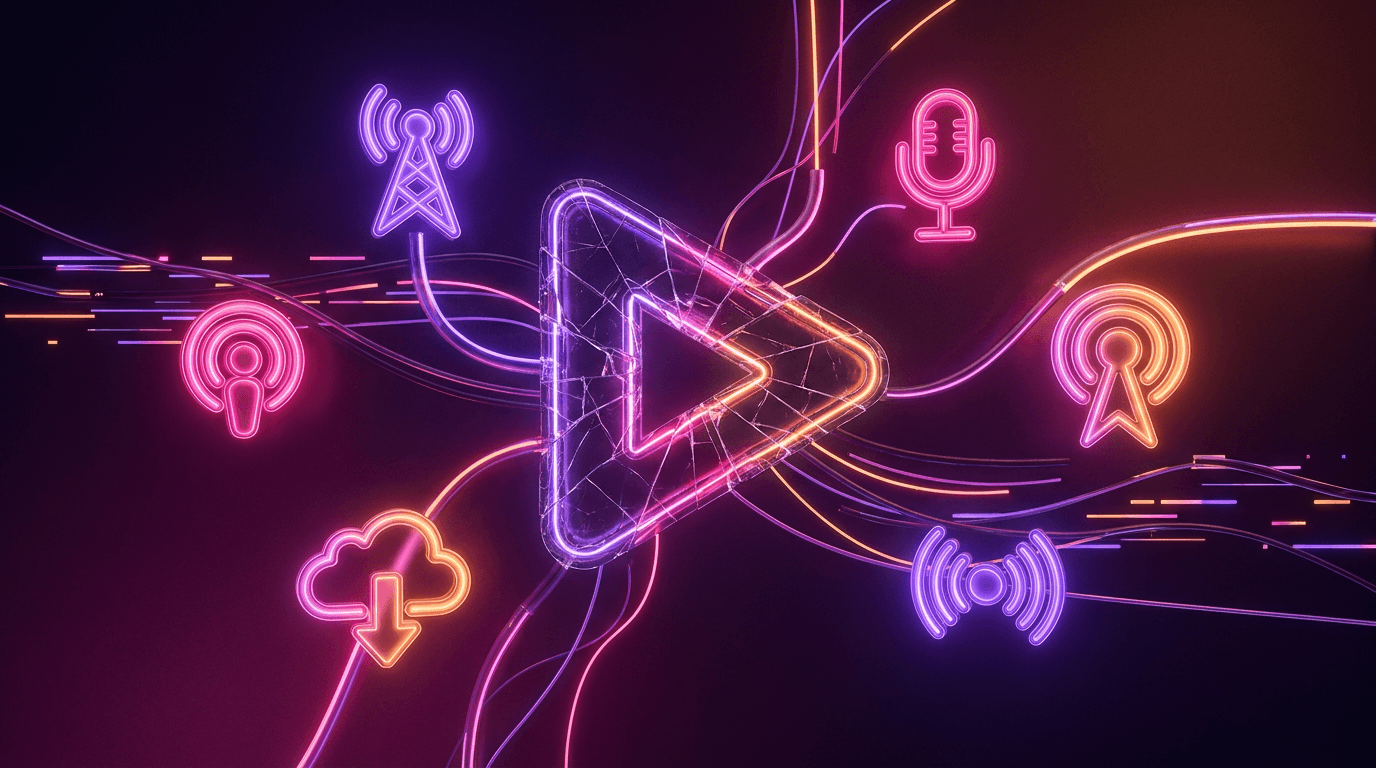 A glowing purple play button shattering into colorful neon fragments on a dark background