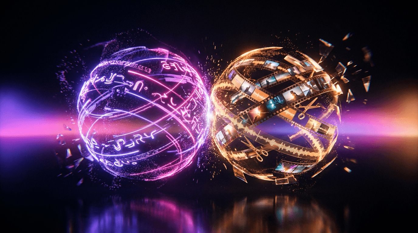 Two glowing smartphones displaying floating captions and soundwaves on a dark background