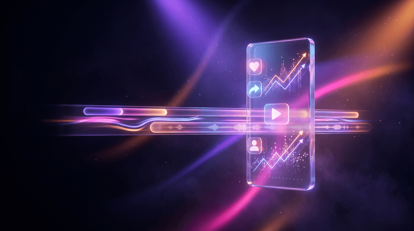 Two futuristic robotic arms editing a holographic video timeline with neon purple accents