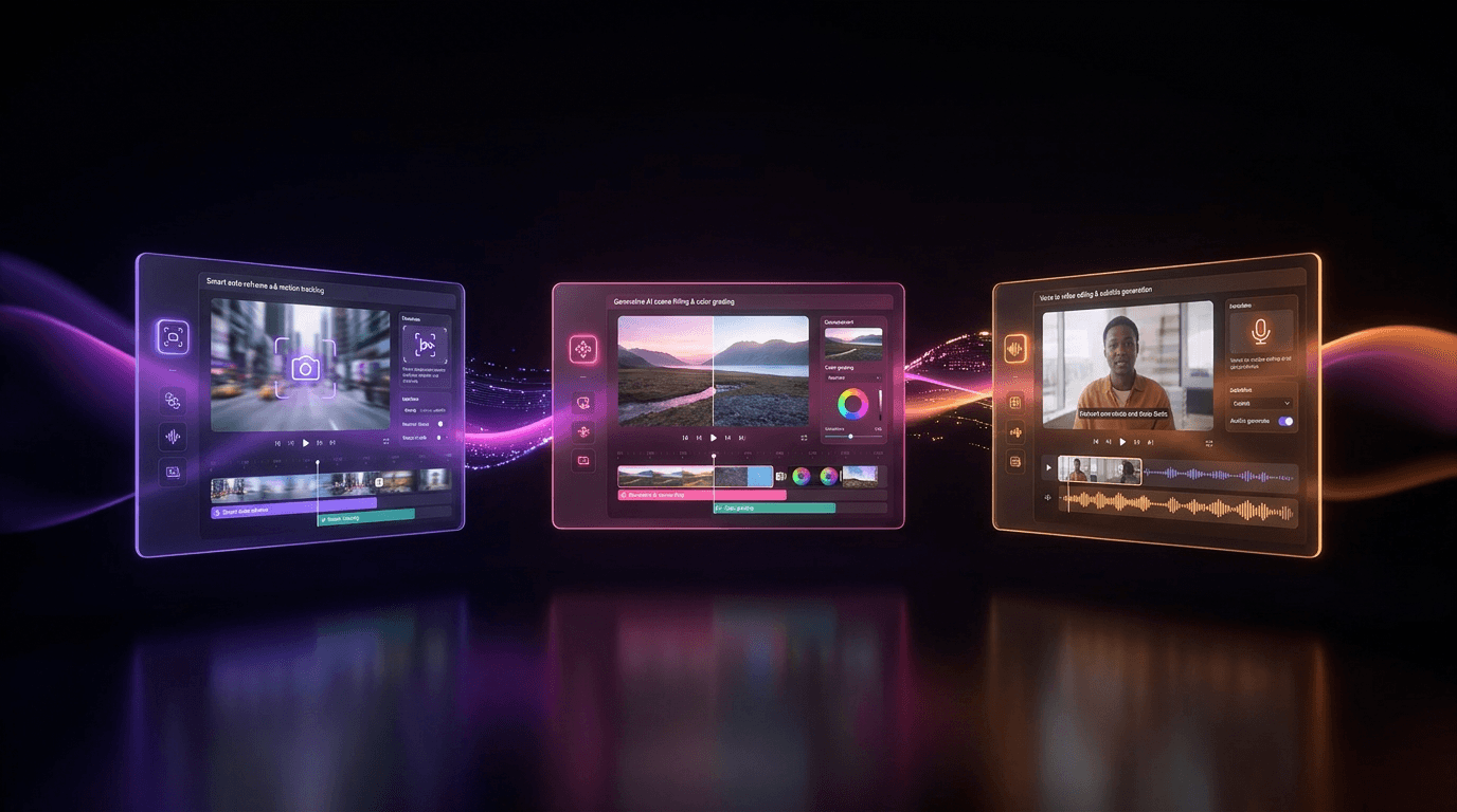 Three glowing video play buttons on pedestals in a dark neon room