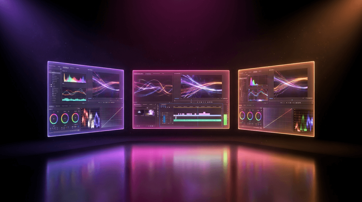 A futuristic video editing timeline glowing with neon purple and orange analytics