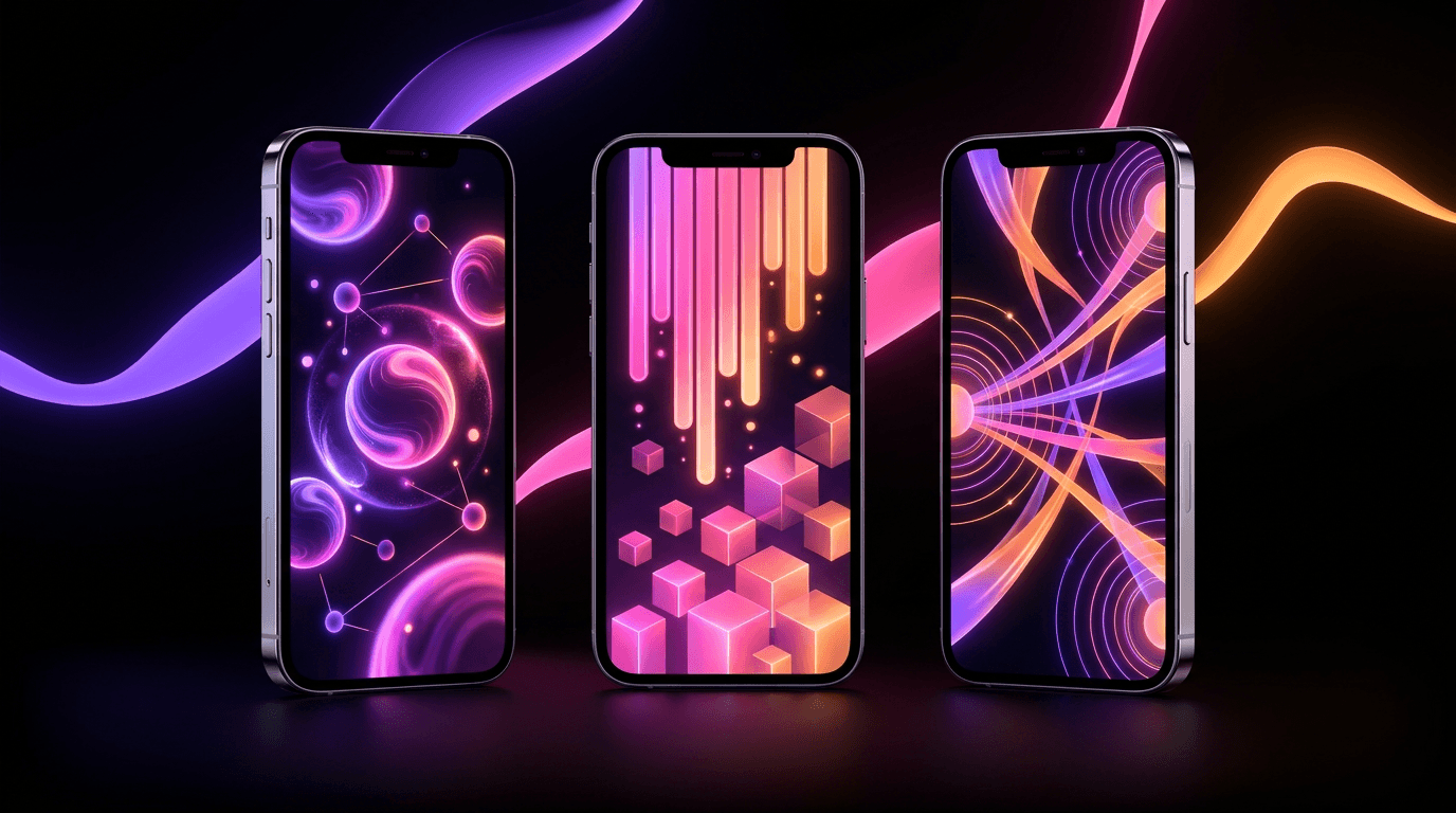 Three smartphones glowing with vertical video interfaces against a dark neon background