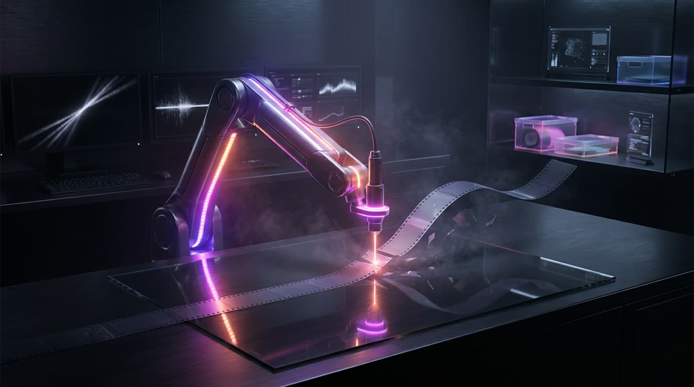 Futuristic video editing command center with glowing neon screens and analytics