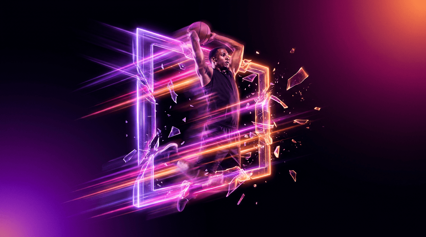 Glowing digital sports equipment intersecting with a futuristic video editing timeline