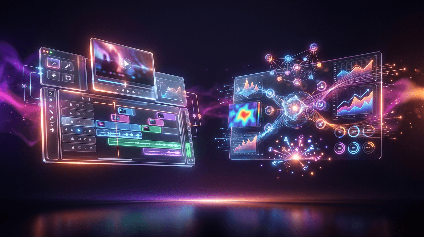 Futuristic 3D video editing timeline and glowing AI brain on a dark neon background