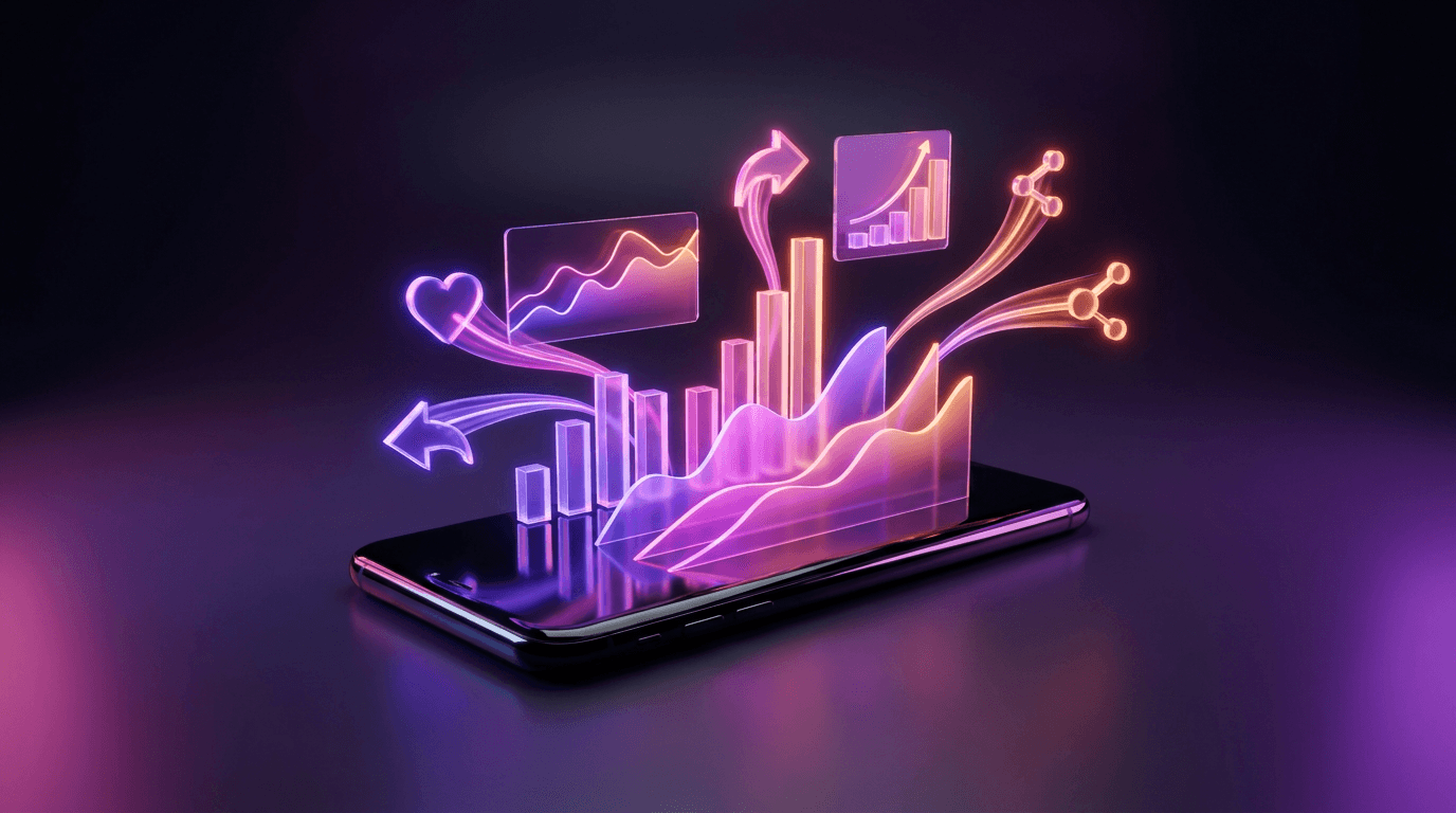 Glowing holographic data charts and graphs floating above a smartphone showing video metrics.