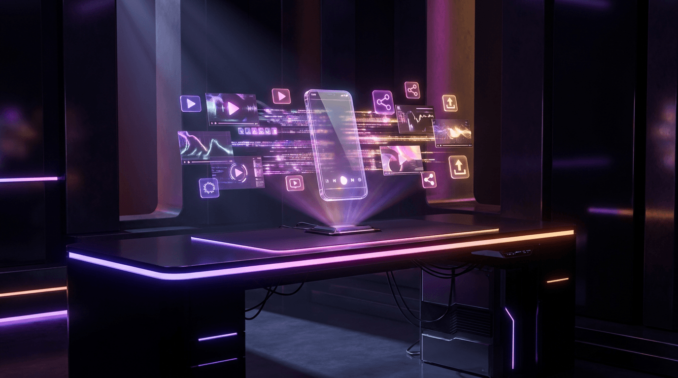 Futuristic glowing content calendar showing automated video scheduling in a dark workspace