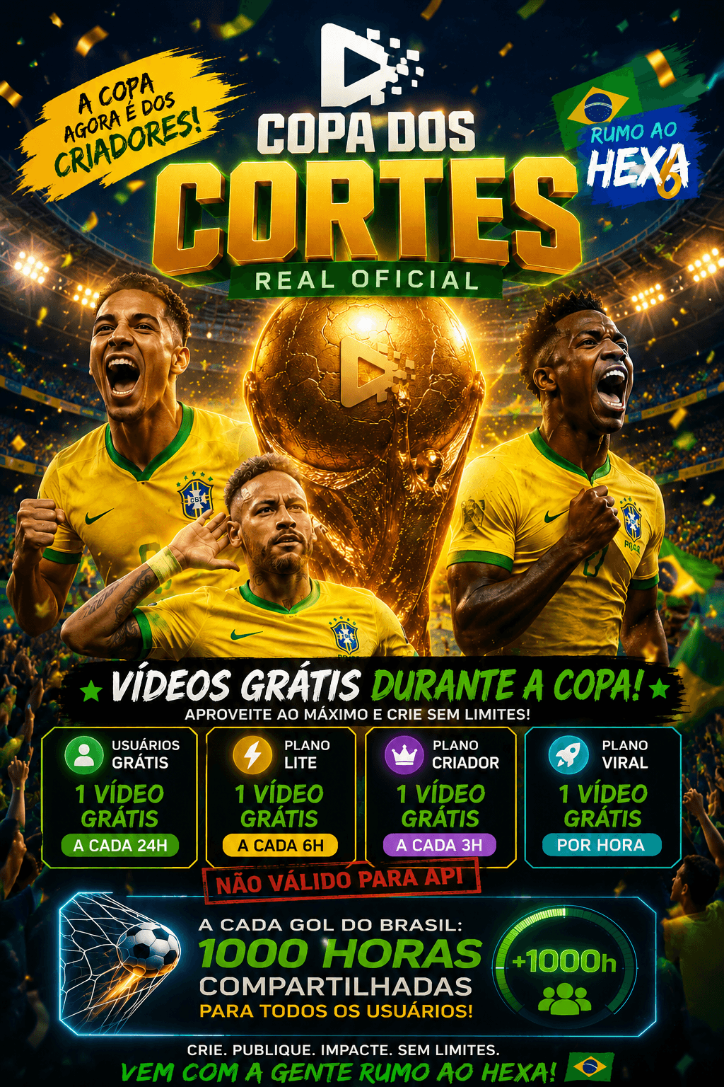 Banner of the Copa dos Cortes event by Viral Day, in Brazil's colors, with free video processing during the World Cup