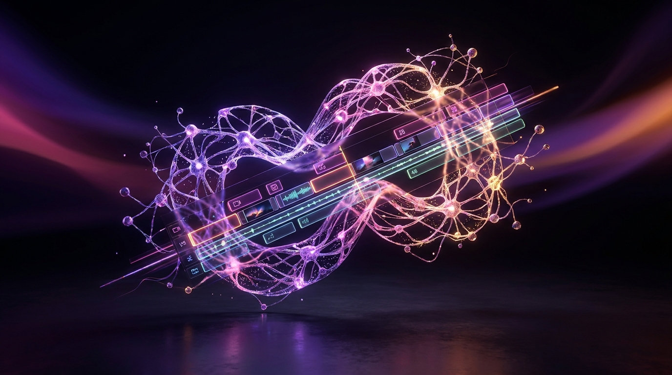 Futuristic video editing timeline with glowing holographic analytics graphs and neon accents