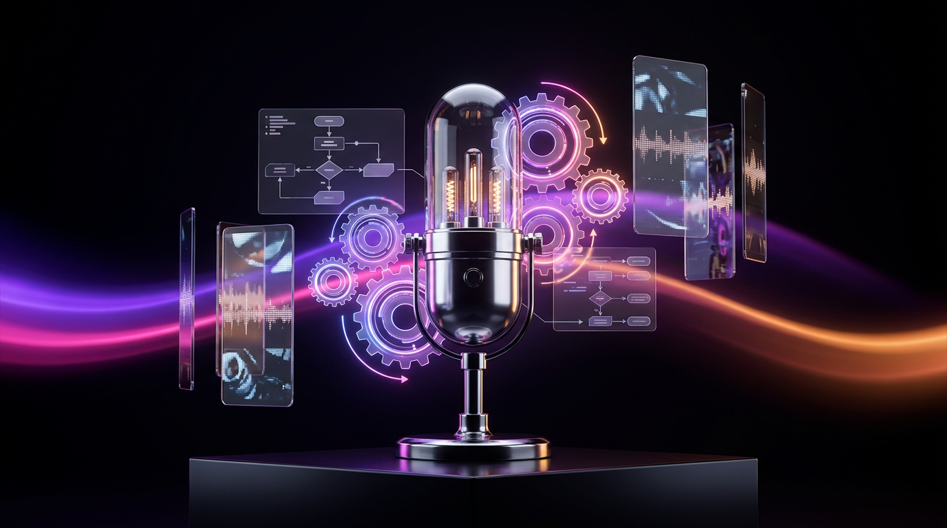 Futuristic podcast microphone connected to glowing automated assembly lines on a dark background.