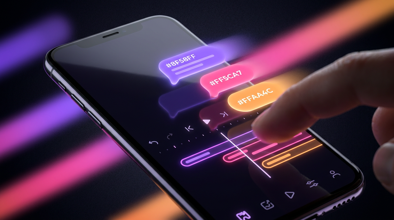 Glowing holographic text bubble hovering above a video editing timeline on a dark desk