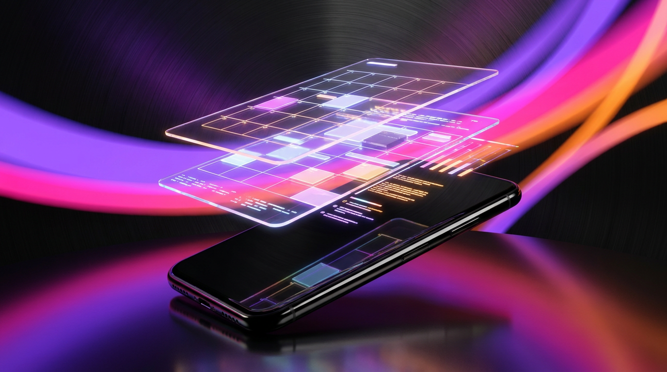 Futuristic 3D calendar and smartphone syncing video platforms with neon accents