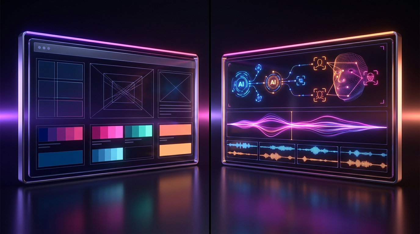 Split screen showing a digital timeline and a glowing futuristic AI microchip