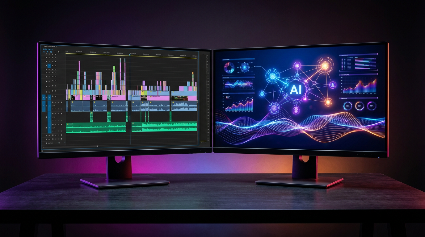 A 3D illustration comparing a traditional video timeline with a futuristic AI processor