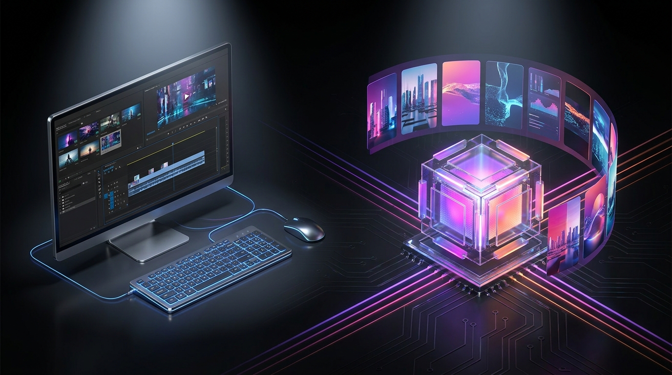 A split screen showing a video editing timeline next to artificial intelligence analytics.