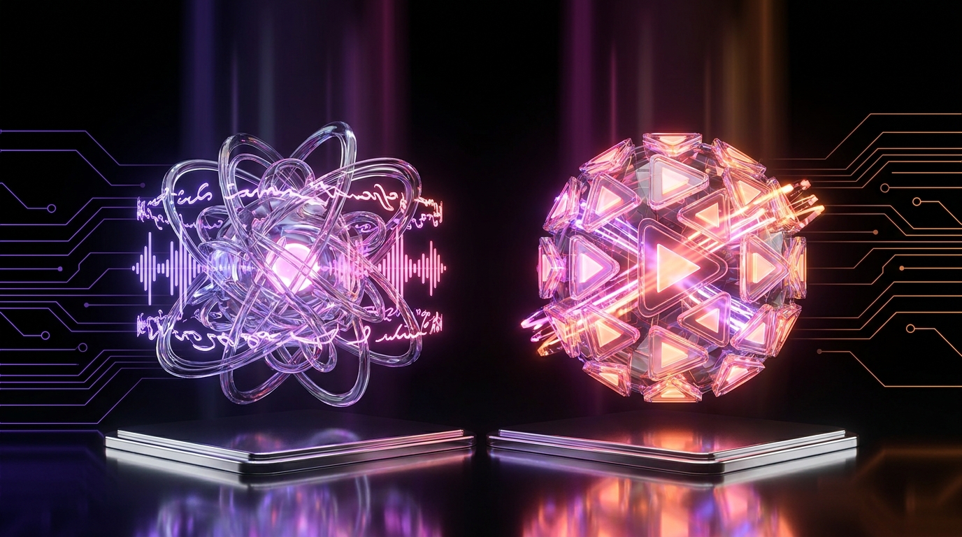 Glowing microphone and digital video reel on a dark desk with neon lighting