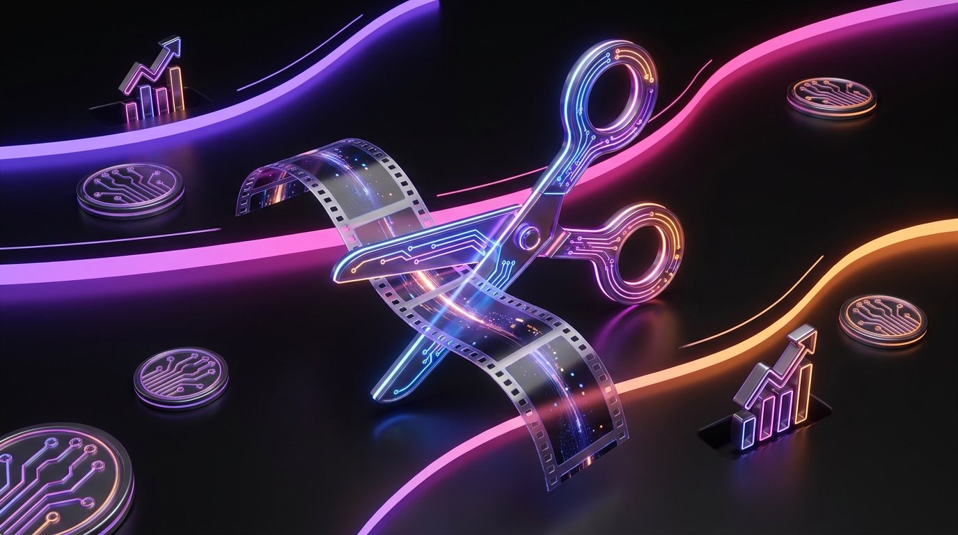 3D futuristic video editing interface with neon purple and pink gradient accents