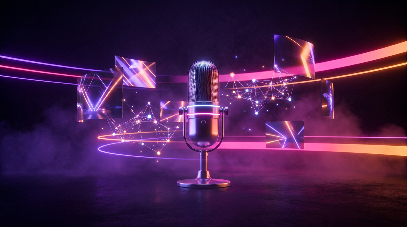 3D rendering of a podcast microphone transforming into a viral smartphone video feed