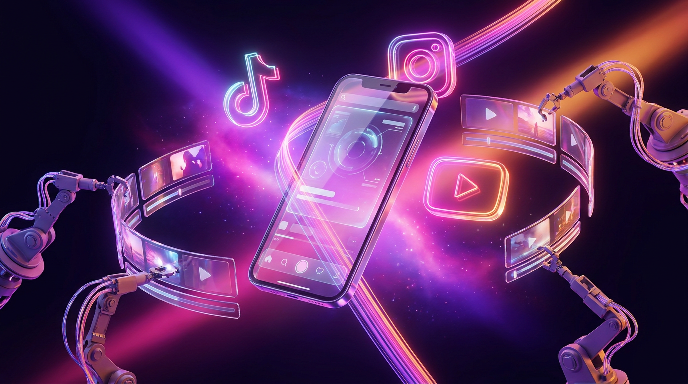 A glowing smartphone with a social media calendar and abstract digital nodes connecting to platform icons.