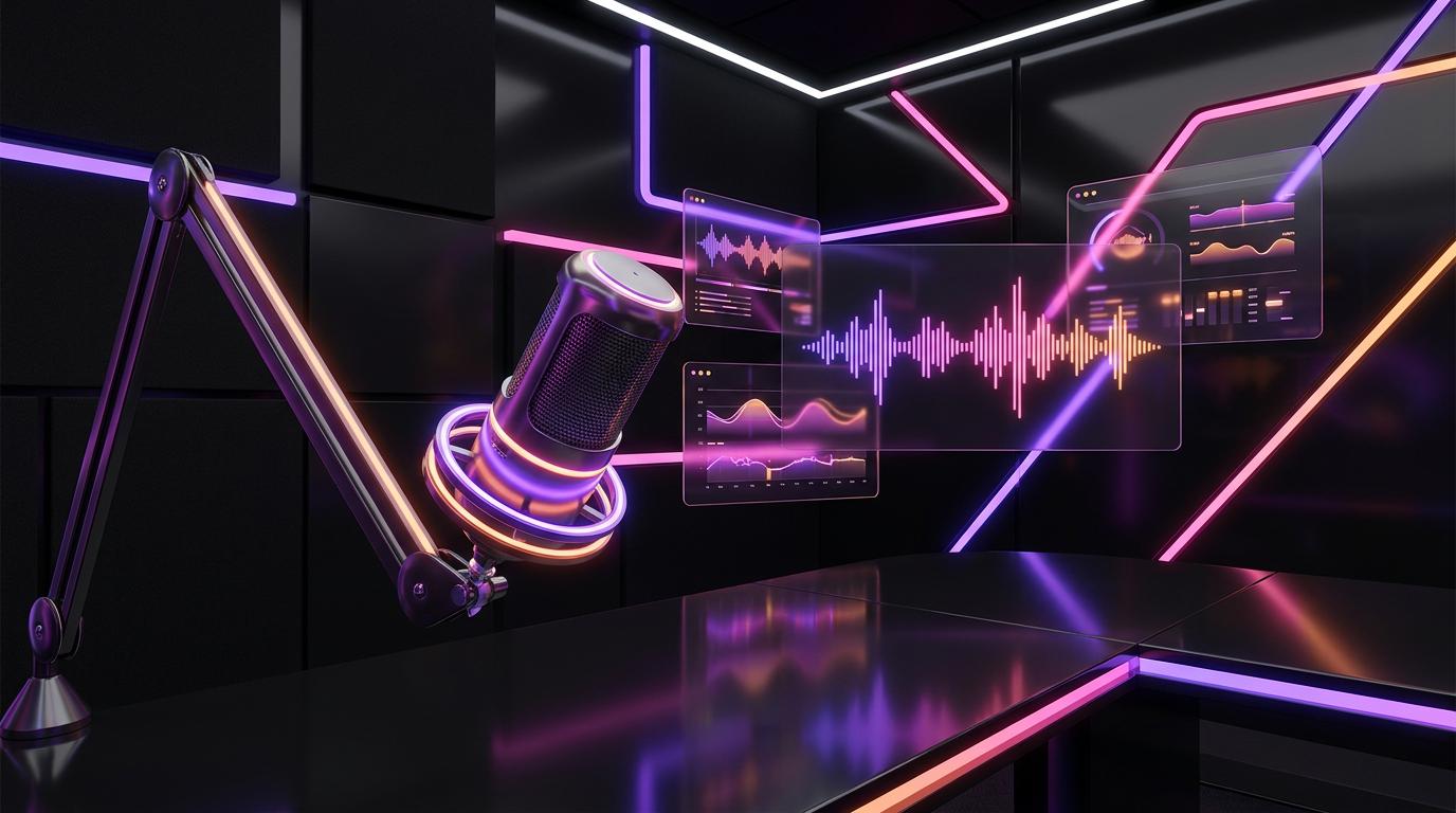 Floating video timeline panels and glowing microphone on dark background