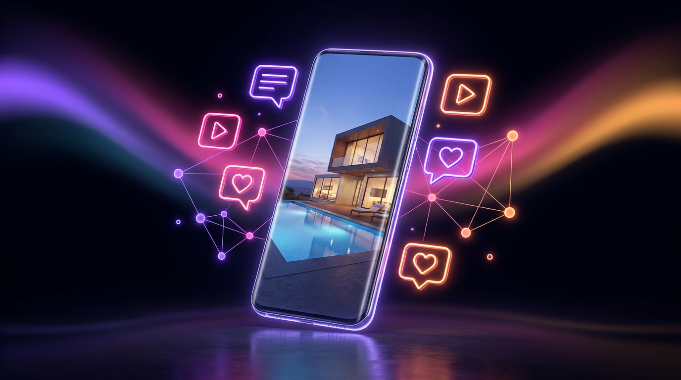 A smartphone displaying a vertical real estate video on a sleek marble countertop.