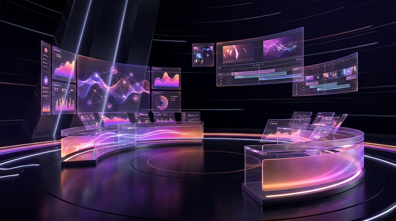 Futuristic social media agency dashboard with neon purple and orange analytics graphs