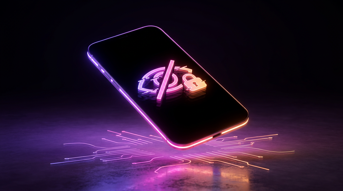 Smartphone dissolving into glowing digital code and data streams