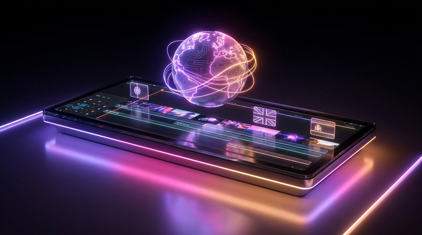 3D illustration of a video player splitting into three glowing data streams