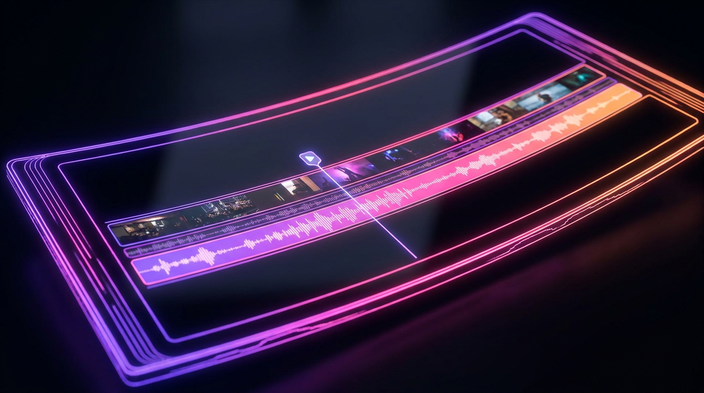 Glowing video timeline showing audio waveforms perfectly aligning with video frames