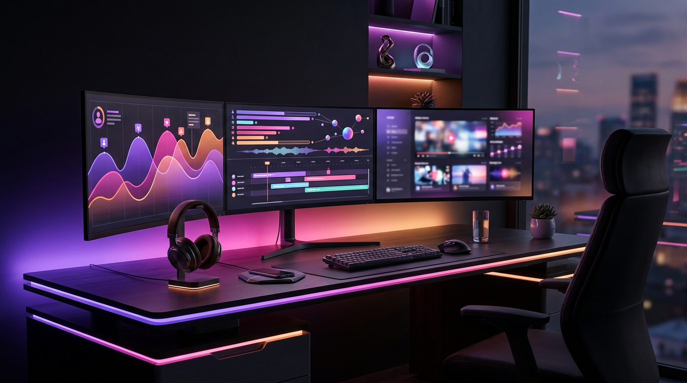 Multiple glowing monitors showing video editing timelines on a dark background