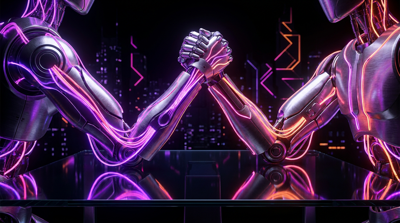 Side-by-side futuristic video editing interfaces glowing in neon purple and orange