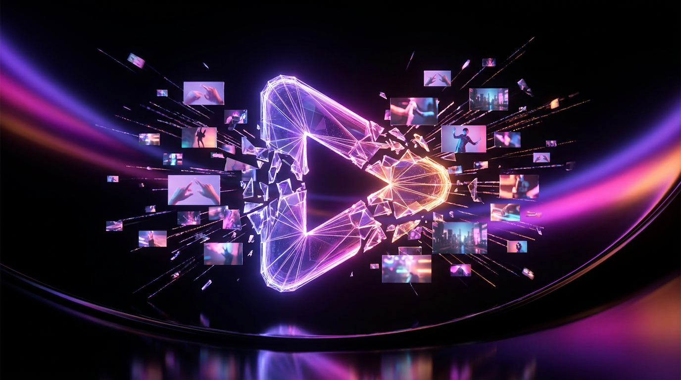 A glowing computer monitor showing vertical video timelines with floating social media icons.
